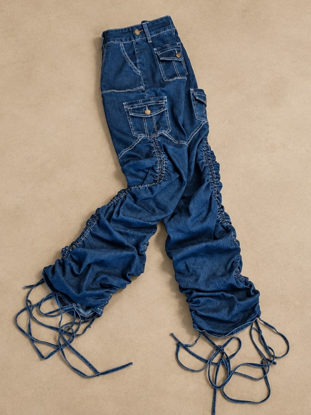 Fashion Nova Dark Blue Womenβs Ruched Cargo Jeans